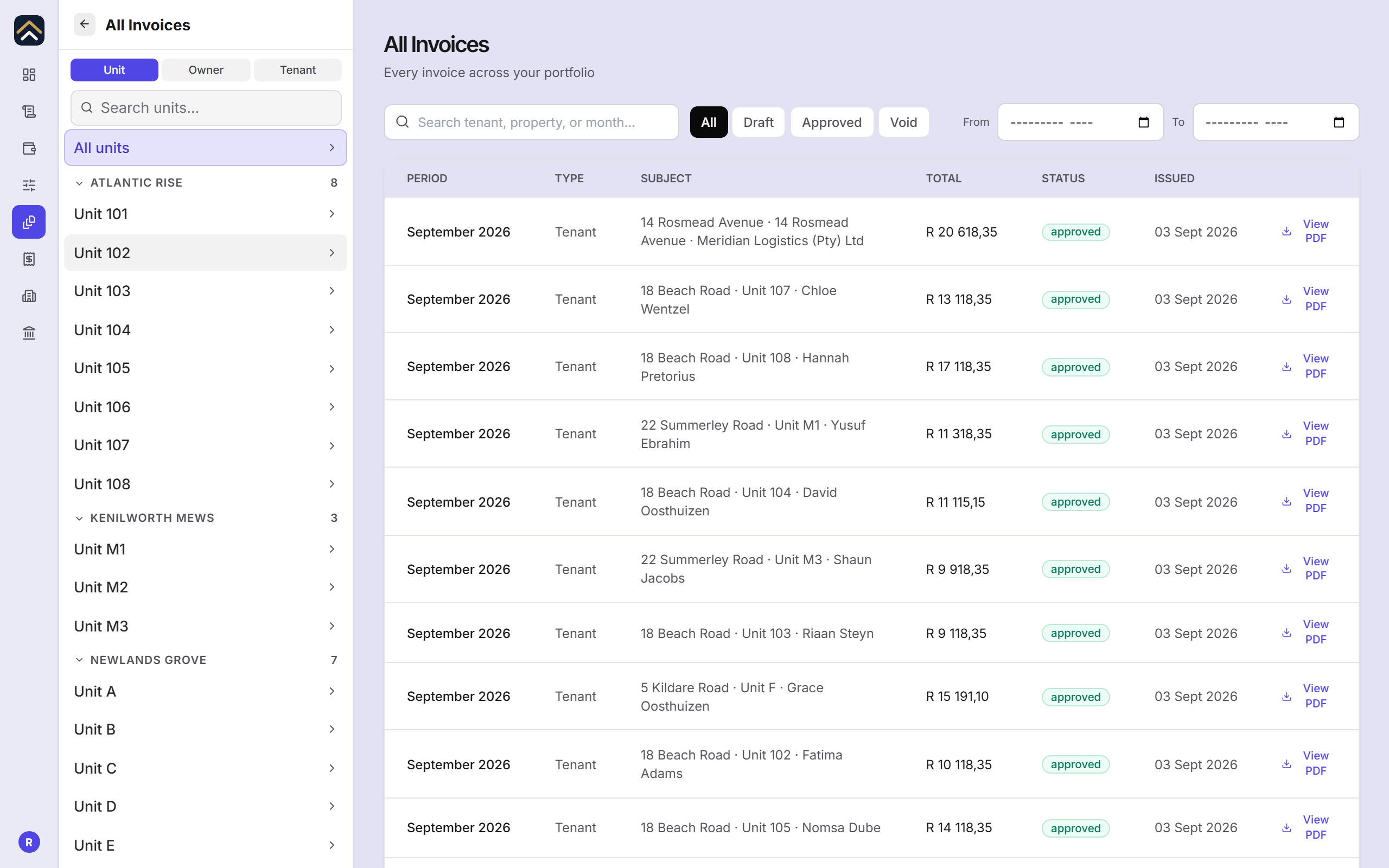 The Invoices tab of a lease, where the month's invoice is generated and approved.