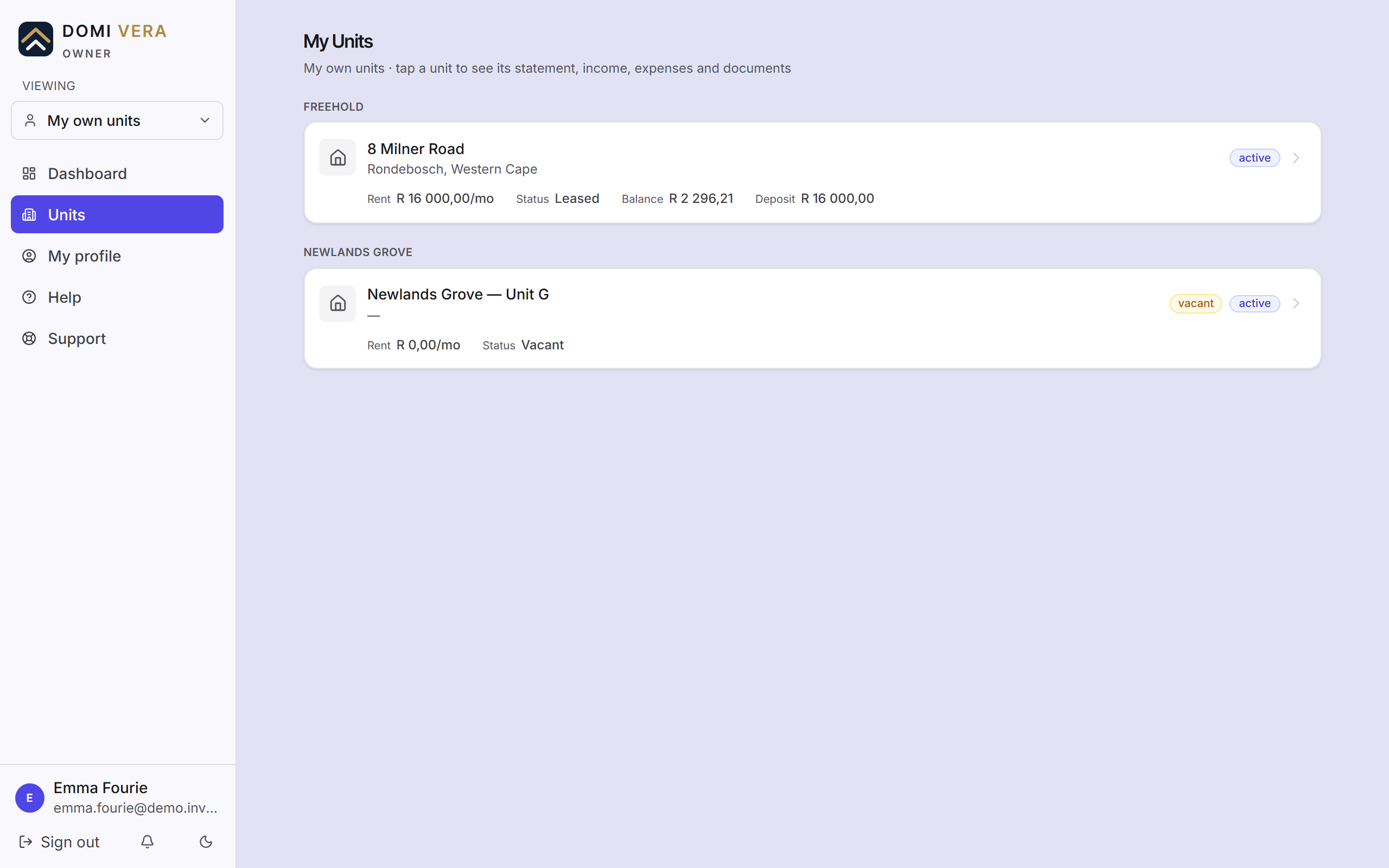 The My Units page, listing each property the owner holds with its rent and deposit held.