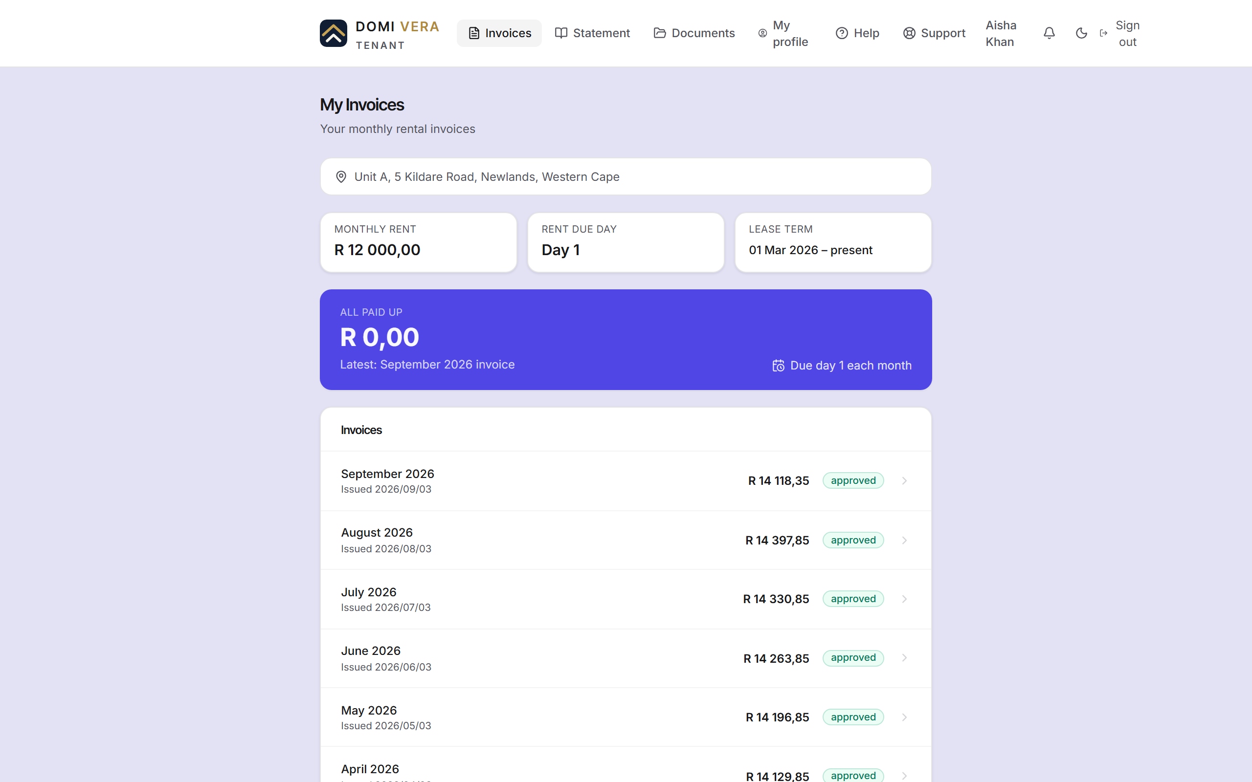 The My Invoices page, listing each invoice with its period, amount and whether it has been paid.