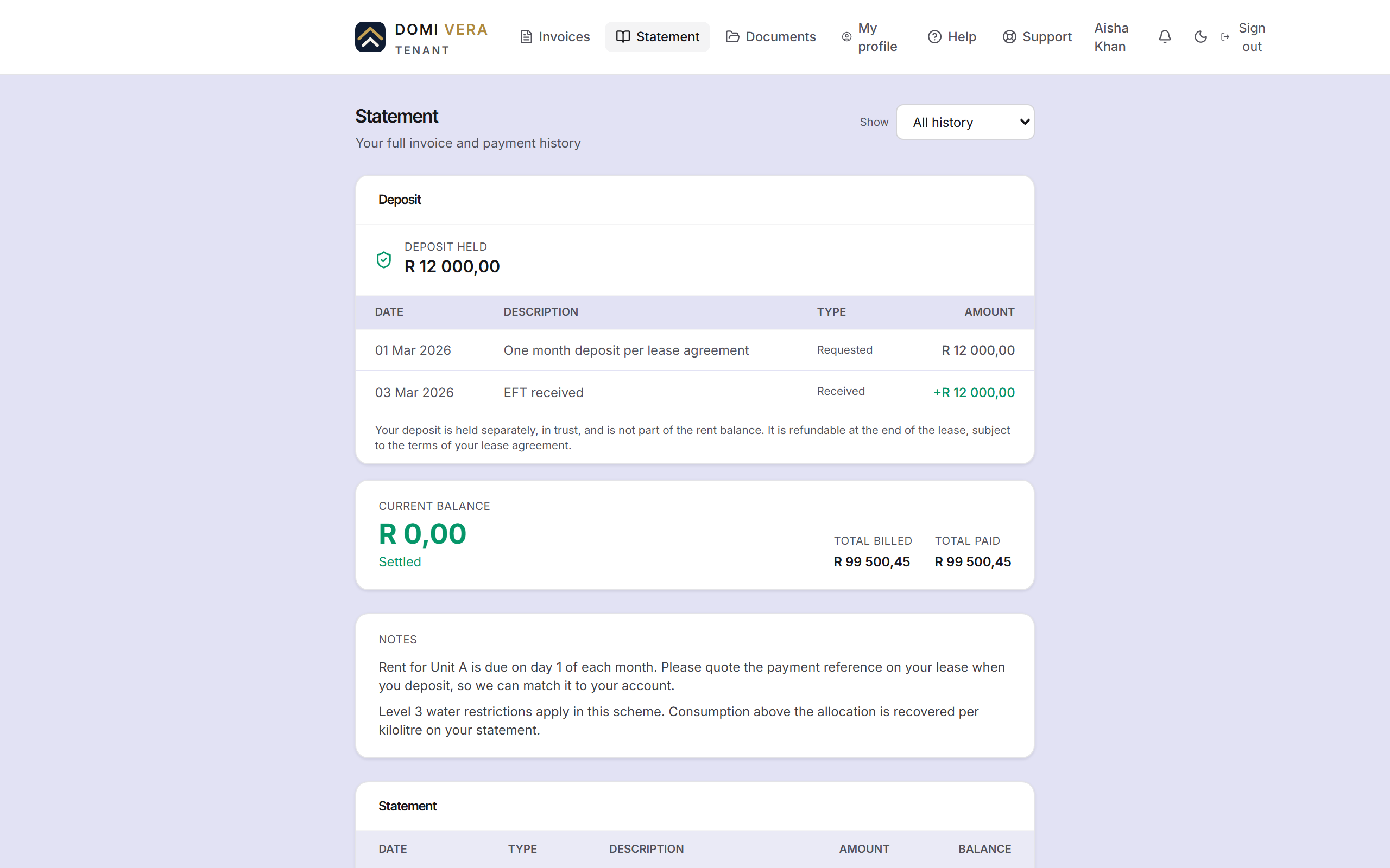 A tenant statement showing invoices, payments and the running balance.